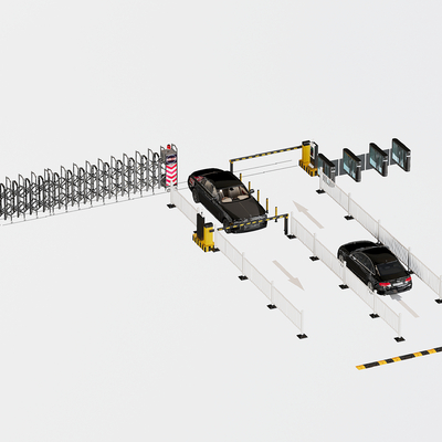 Parking lot entrance road guardrail speed bump gate