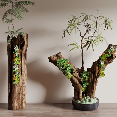 Modern green plant potted dead branch stump