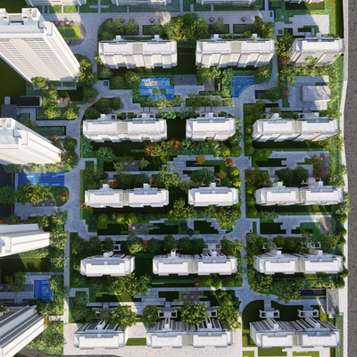 Modern residential landscape bird's-eye view