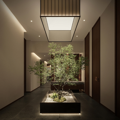 Modern Hotel Aisle Landscape Trees