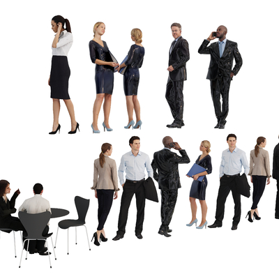 Many men and women in suits are sitting everyone.