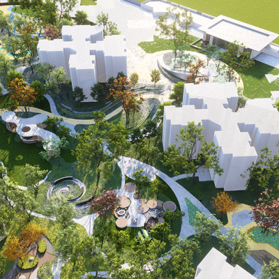 Modern residential landscape leisure area bird's-eye view