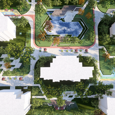 Bird's-eye view of residential landscape leisure area