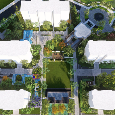 Modern residential landscape leisure area bird's-eye view