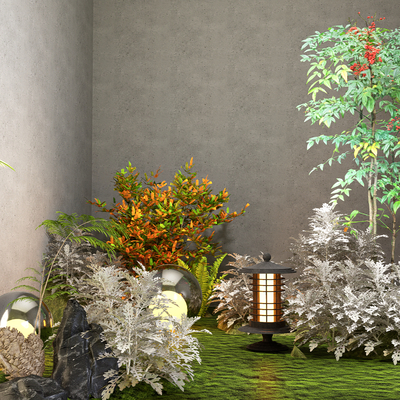 Bamboo plants, flowers and grass cover, shrubs