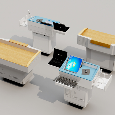 Lecture table, platform, teacher's table and chair