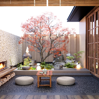 Japanese Zen Courtyard Sits Patio Landscape Sits