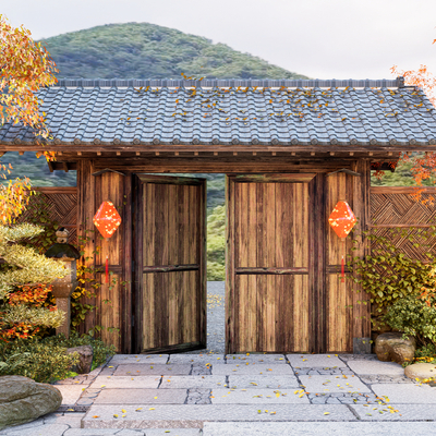 Japanese style courtyard door landscape sketch