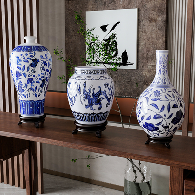 Neo-Chinese Style blue and white porcelain vase with ornaments