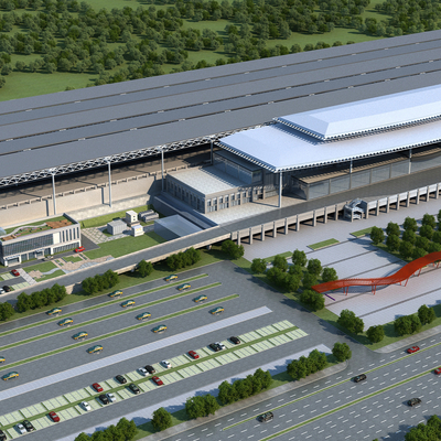 Bird's-eye view of the platform building in the parking lot of the railway station