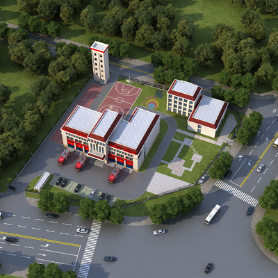 Modern fire station fire truck fire station office building bird's eye view