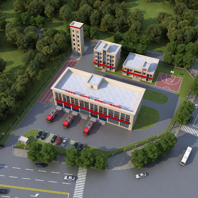 Modern fire station fire truck fire station office building bird's eye view