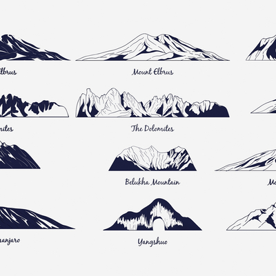 Modern peak mountain range snow mountain outdoor forest linear mountain silhouette Icon