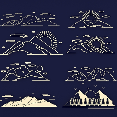 Modern peak mountain range outdoor forest blue sky white clouds sun linear peak silhouette Icon