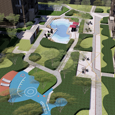 Modern residential landscape park bird's-eye view