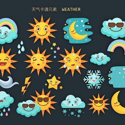 Weather cartoon elements sun moon clouds snowflakes rainbow cartoon expression icon