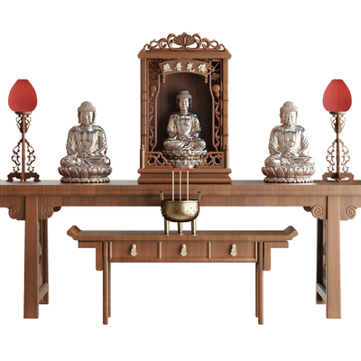 New Chinese-style Buddhist shrine altar dedicated to the incense burner candle holder God of wealth