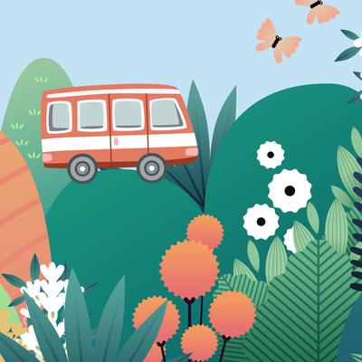 Cartoon Forest Bus Children's Mural Wallpaper