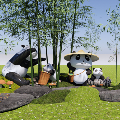 Modern sculpture panda cartoon bamboo forest bamboo