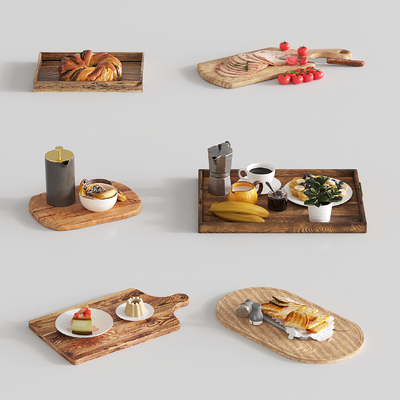 Wooden Tray Food Bread Coffee