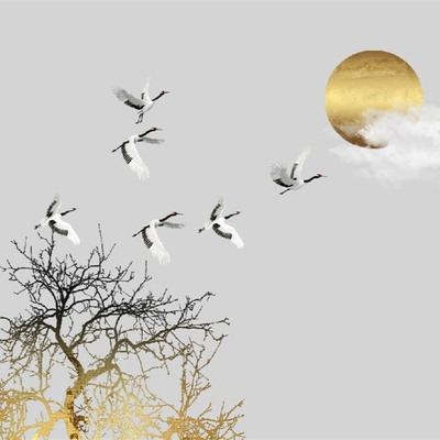 New Chinese gold foil crane sun mural wallpaper