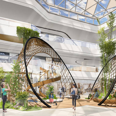 Modern mall atrium spiral staircase