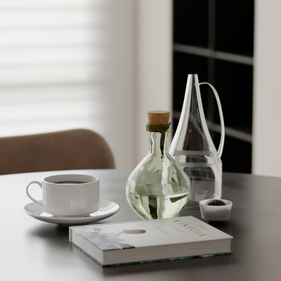 Kitchenware coffee cup books glass bottle