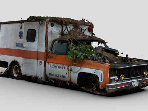 an ambulance overgrown with weeds