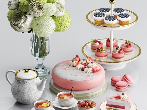 Afternoon Tea Snack Macaroon Cake Teapot Teacup