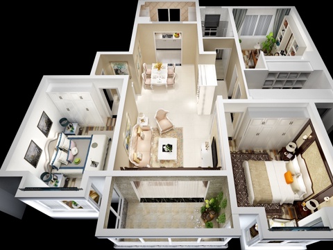 American three-bedroom bird's-eye view