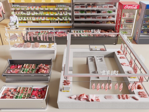 Modern meat stall fresh meat supermarket freezer