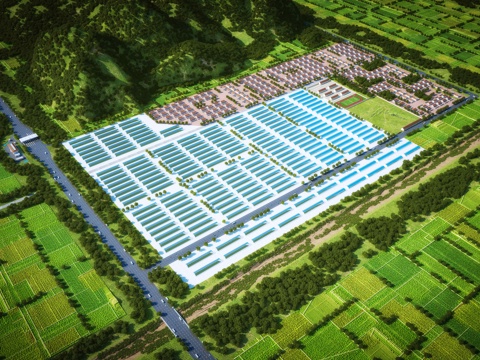 Bird's-eye view of factory building in industrial park