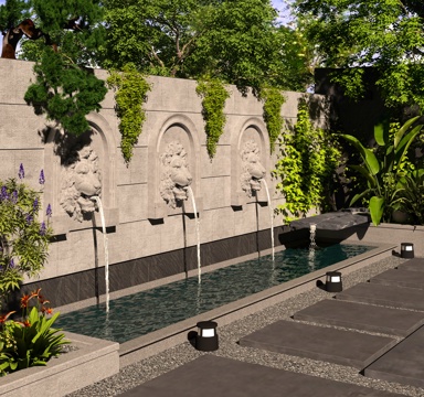 Modern courtyard sculpture garden water feature