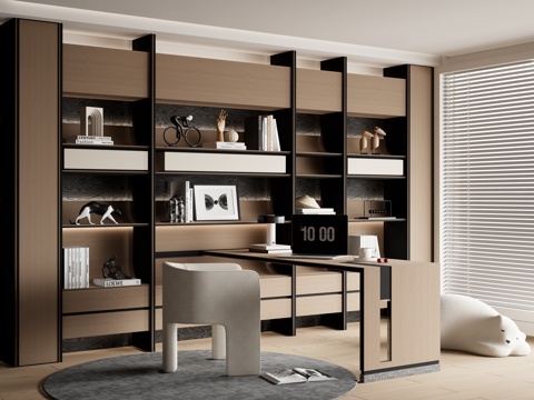 Modern desk full wall bookcase