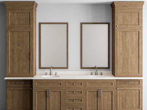 American Solid Wood Bathroom Cabinet Double Basin Wash Table