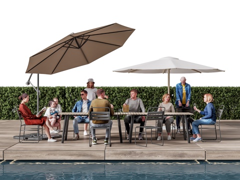 Outdoor multi-person dining scene picnic table and chair parasol