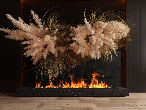 Modern interior landscaping green plants dried flowers fireplace landscaping