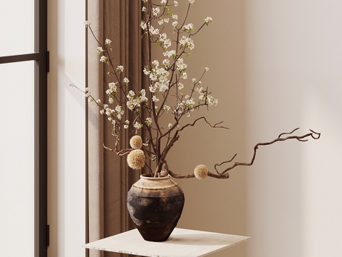 Quiet Dried Branches of Peach Blossom Branches and Pottery Pot Vase