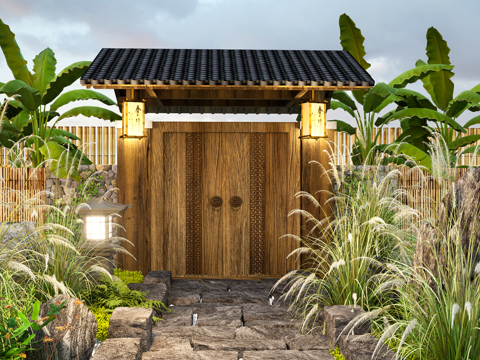 Japanese-style courtyard entrance gate green slate path