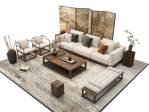 Neo-Chinese Style Sectional Sofa Zen Sofa Coffee Table