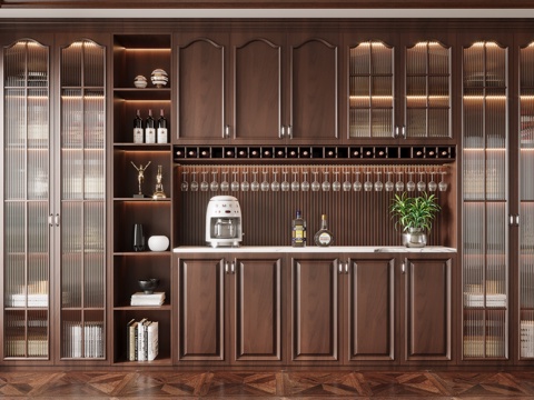 American Style Solid Wood Sideboard Glass Wine Cabinet