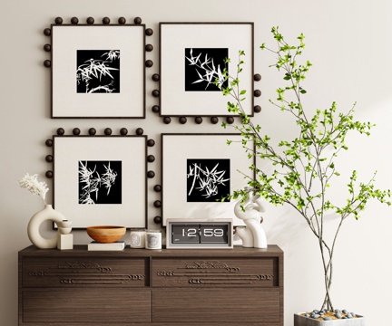 Mid-century Style Combination Painting Black and White Hanging Painting Bamboo Hanging Painting