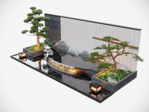 Modern courtyard waterscape wall waterscape flowing water stack sketch