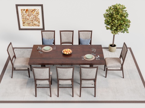 American solid wood dining table and chair d model