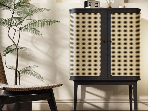 Mid-century Style Decorative Cabinet Rattan Cabinet