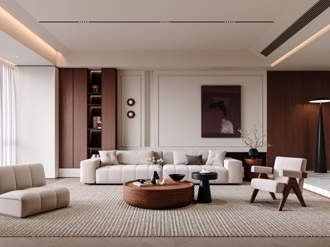 Modern Cream Home Living Room Sofa Coffee Table Combination No Main Light Wall Plaster Line Floor