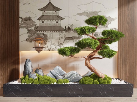 Neo-Chinese Style Indoor Landscape Landscaping Pine Plant Pile