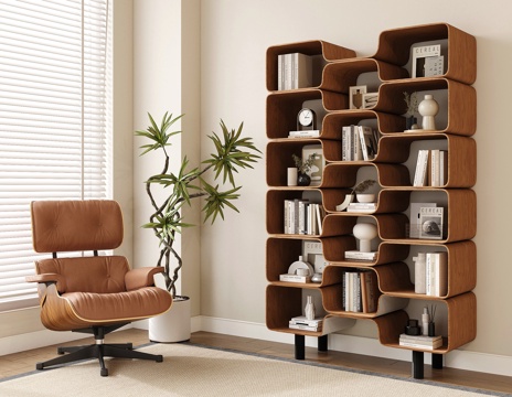 Modern Lounge Chair Leather Sofa Chair Floor Bookshelf Potted Plant