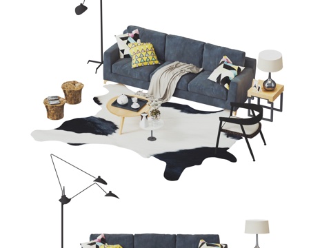 Industrial-style sofa combination multi-person sofa wooden stake low stool multi-head floor lamp iron Lounge Chair