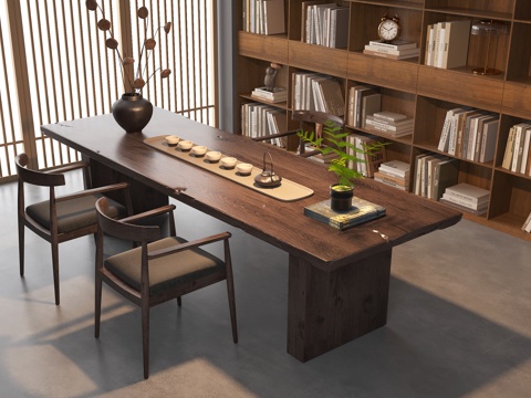 Neo-Chinese Style Tea Room Tea Table Tea Tray Tea Table Bookcase Solid Wood Tea Table and Chair Combination